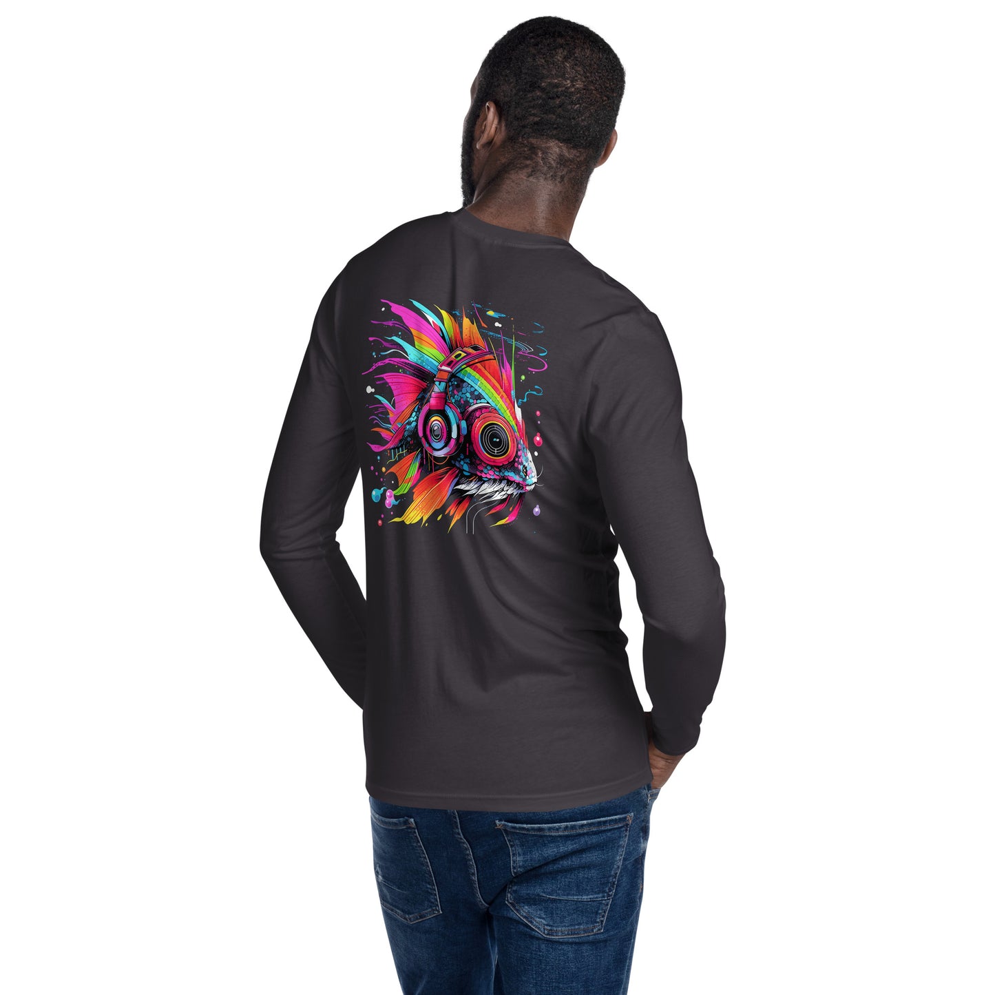DJ EDM Fish Men's Cotton Long Sleeve Fitted Crew